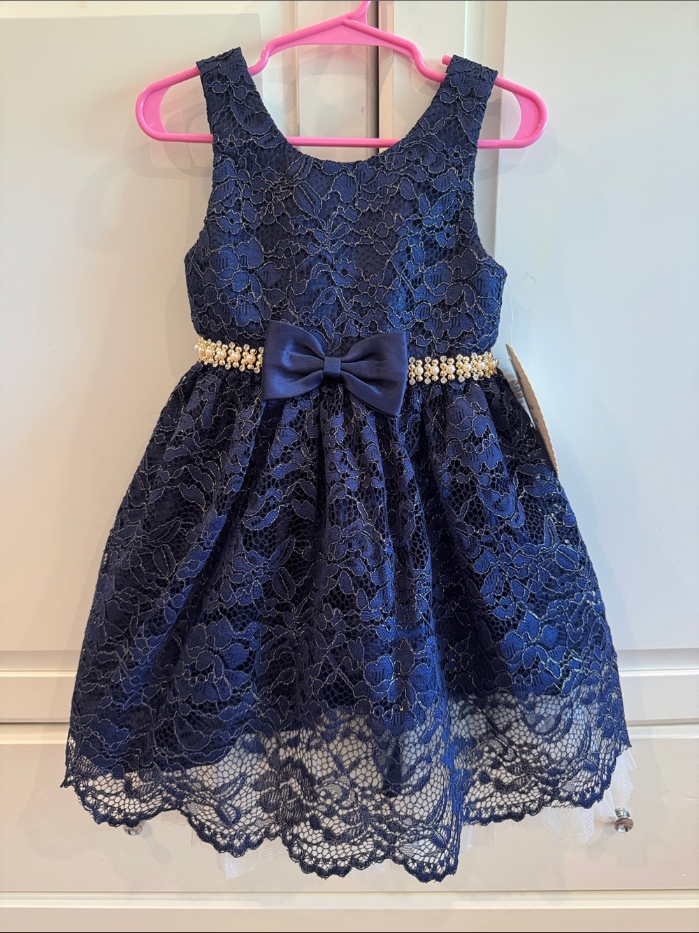 Girl American Princess Navy Lace Dress with Pearl Waist Bow